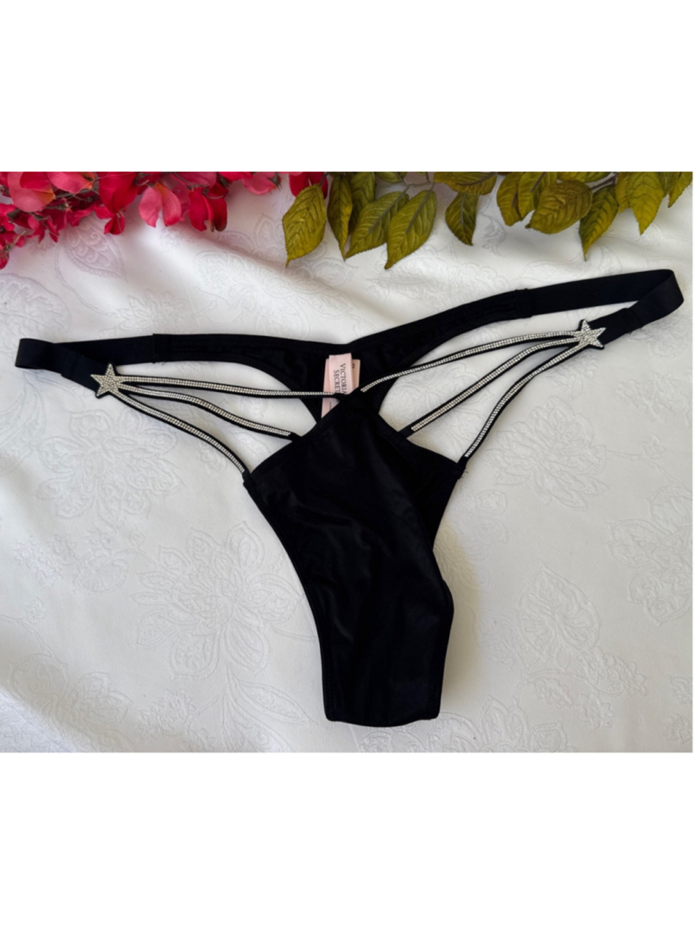 VICTORIA'S SECRET XL BLACK SILKY VERY SEXY HI LEG STARS THONG TANGA PANTIES NWT
